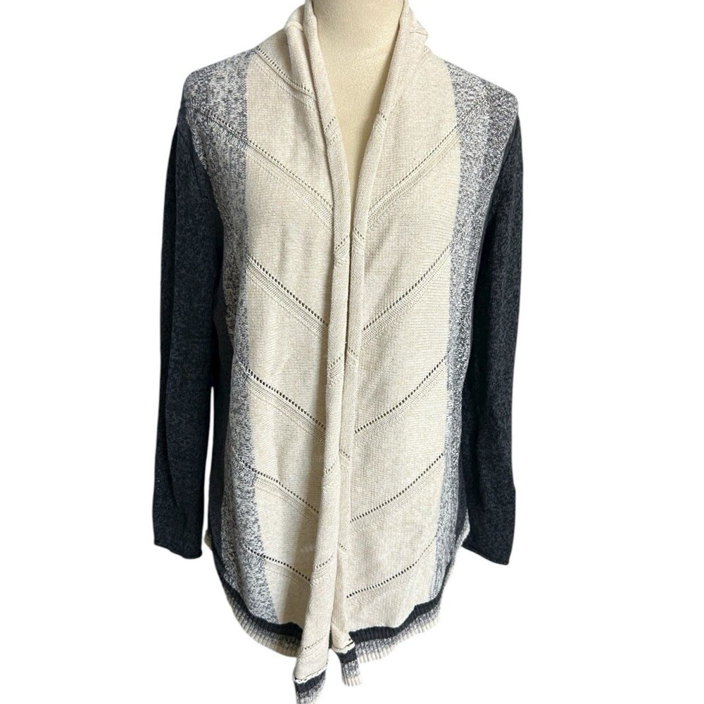 Natural Reflections Open Drape Knit Cotton Beige Black Boho Cardigan Sz M